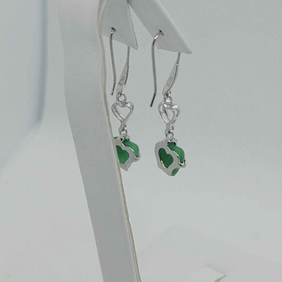 Sterling Silver 925 Heart Jade Earrings - Picture 2 of 5